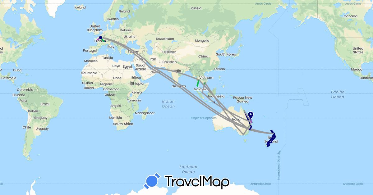 TravelMap itinerary: driving, bus, plane, train, hiking, boat in United Arab Emirates, Australia, France, Indonesia, New Zealand, Qatar, Singapore, Thailand, Vietnam (Asia, Europe, Oceania)